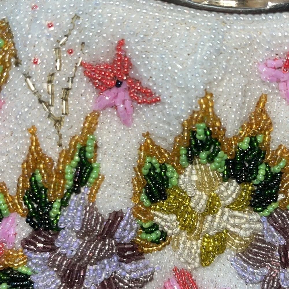 Vintage all beaded clutch bag white with flowers dainty delicate feminine pretty